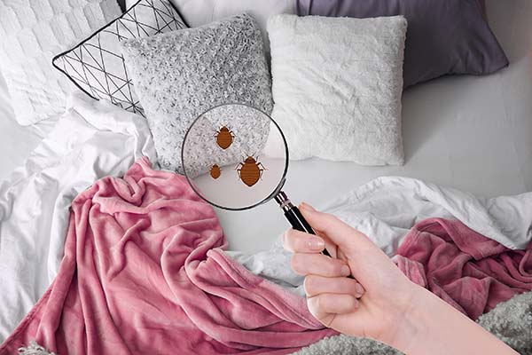 person holding a magnifying glass over Bed Bug graphic against white sheets